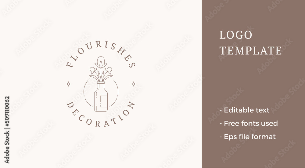 Fototapeta premium Natural narcissus flower bouquet in bottle minimalist business logo circle frame vector