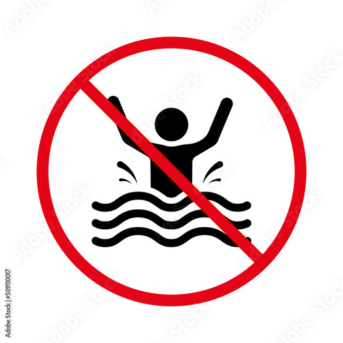 Caution Drown Man Black Silhouette Icon. Alert No Allowed Dive Swim. Warning Rescue Sinking in Water Red Stop Symbol. Attention Prohibit Swimming Zone. Risk Life Icon. Isolated Vector Illustration
