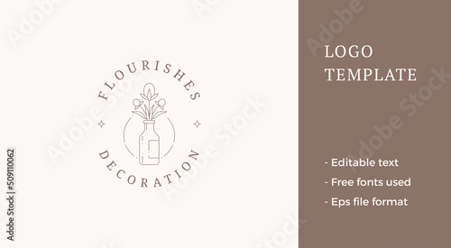 Natural narcissus flower bouquet in bottle minimalist business logo circle frame vector