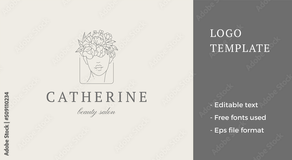 Monochrome feminine portrait botanical wreath hairstyle triangle frame line art logo vector