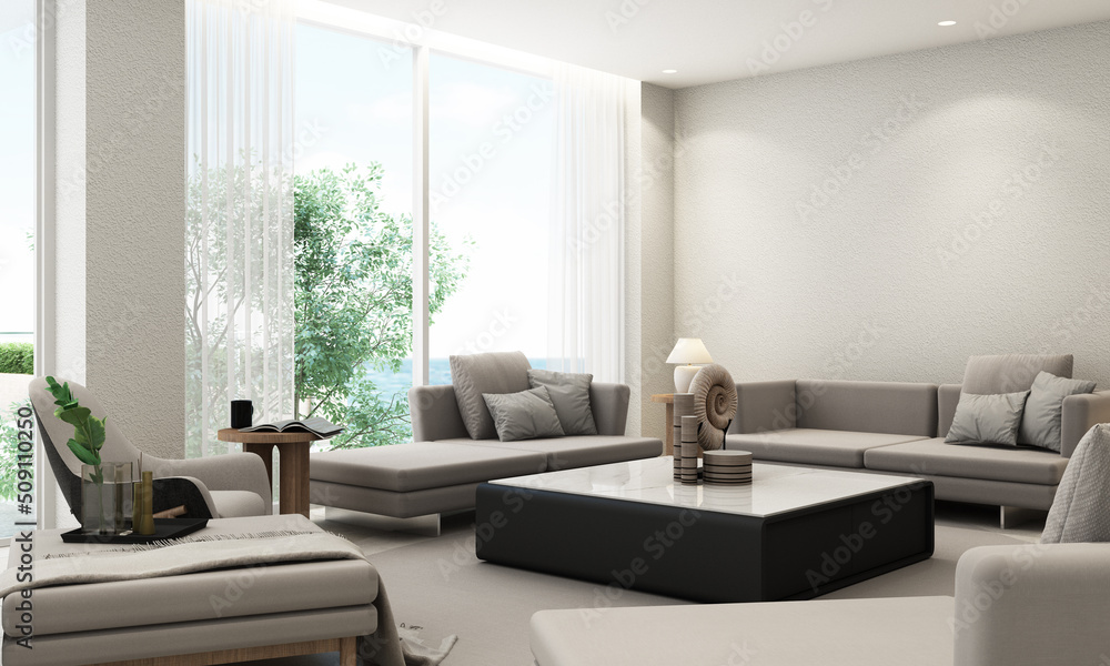 Interior design of pool villa in white tones and expensive with wood ...