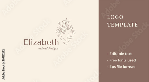 Minimalist blossom woman botanical hairstyle triangle frame logo decorative design vector