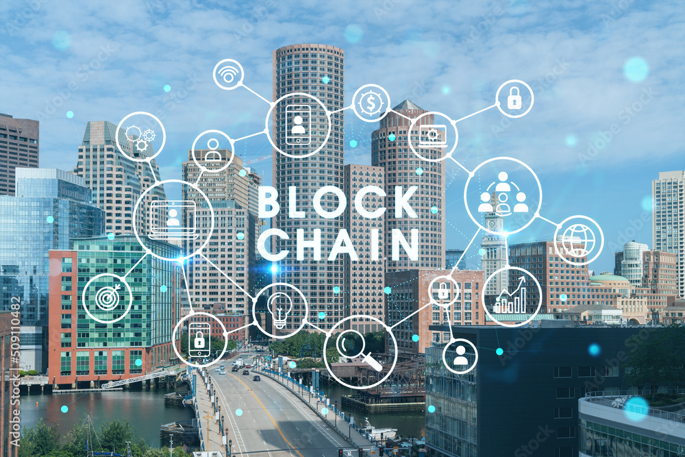 Panoramic picturesque city view of Boston Harbour at day time, Massachusetts. Building exteriors of financial downtown. Technological, educational center. Blockchain and cryptography concept, hologram
