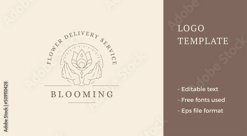 Esoteric logo bright lotus in human hands mindfulness spiritual organic spa relaxation minimalist vector