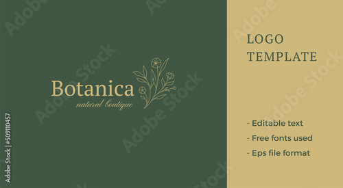 Natural organic botanic flower twig leaves minimalist line art logo with place for text vector