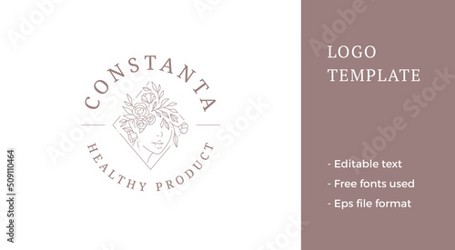 Portrait woman botanical blossom hairstyle stem buds spring organic romantic linear logo vector
