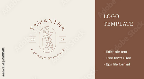 Human hand holding organic natural spring flower stem bud leaves minimalist linear logo vector