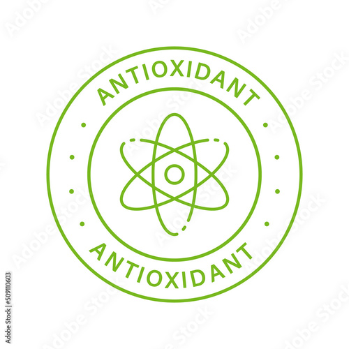 Antioxidant Line Green Stamp. Free Anti Oxidant Outline Sticker. Healthy Organic Nature Ingredient Label. Anti Oxidant Supplement Symbol. Molecule Cell Antioxidant Sign. Isolated Vector Illustration