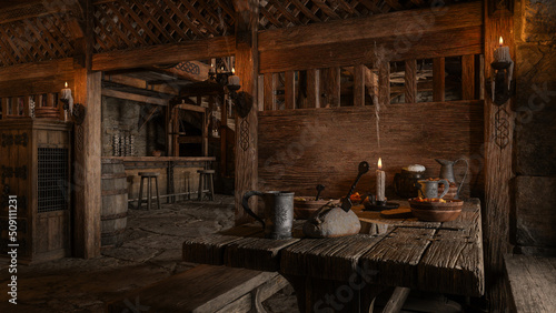 Old medieval or Viking tavern bar with bread and ale on a table. 3D rendering. photo