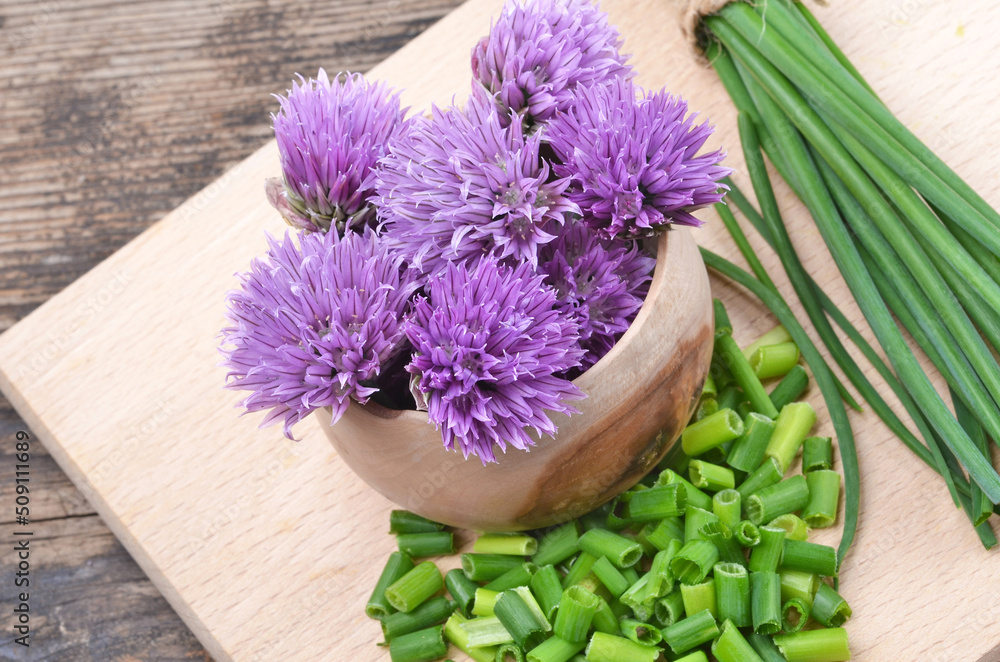 Siberian onion - Allium Schoenoprasum, cut on a plank. Vegetarian food and culinary use. Spices and fresh food. Siberian onion - Allium Schoenoprasum, cut on a plank. Vegetarian food and culinary use. Spices and fresh food.