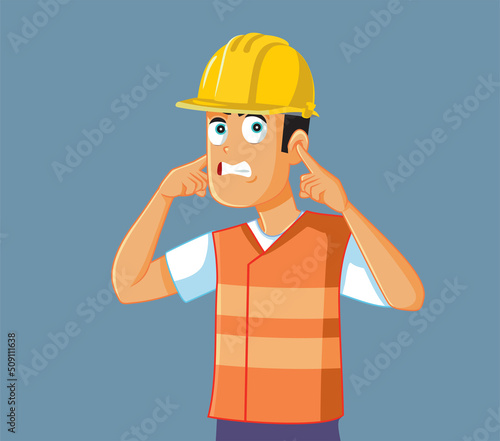 Unhappy Construction Worker Covering His Ears Vector Cartoon Illustration. Engineer experiencing hearing damage from work related condition
