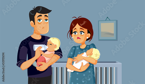 Exhausted New Parents Taking Care of Newborn Twin Babies Vector Cartoon. Young couple struggling with parenthood issues and lack of sleep

