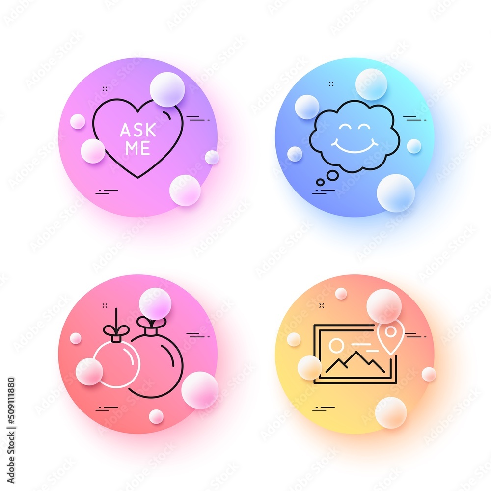 Photo location, Christmas ball and Smile minimal line icons. 3d spheres or balls buttons. Ask me icons. For web, application, printing. Image album, Decoration, Comic chat. Love sweetheart. Vector Photo location, Christmas ball and Smile minimal line icons. 3d spheres or balls buttons. Ask me icons. For web, application, printing. Image album, Decoration, Comic chat. Love sweetheart. Vector