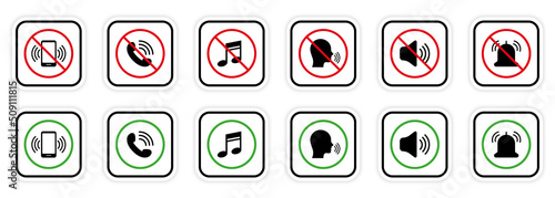 Silence Mute Zone Red Forbidden Round Sign. Warning Ban Noise Rule. Notification Call Black Silhouette Icon Set. Use Phone Speak Loud Allowed Area Green Symbol. Isolated Vector Illustration