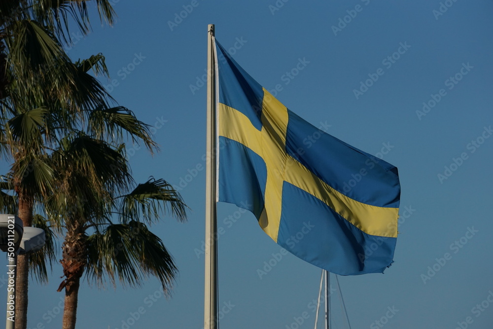 Bandiera Della Svezia, Croce Scandinava Gialla Su Sfondo Blu, Fotografata Su Un Panorama Con Cielo Azzurro E Palme Al Vento