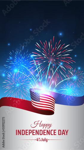 4th of july happy independence day usa, vertical template. American flag on night sky background, colorful fireworks. Fourth of july, US national holiday, independence day. Vector illustration, banner
