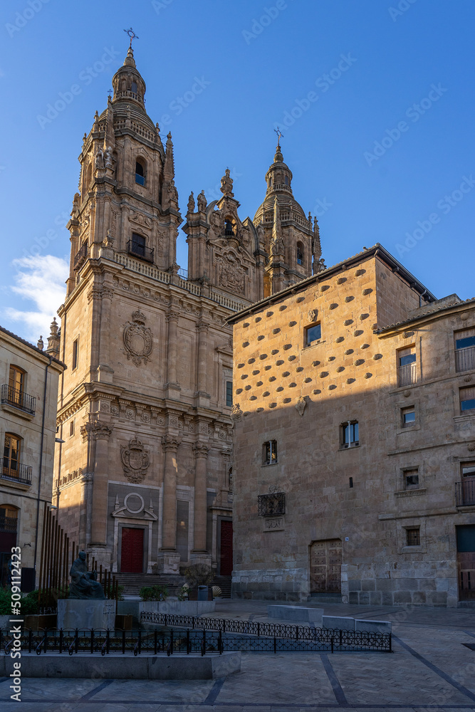 Historical University of Salamanca facade at sunset in the old town, Castilla y Leon, Spain.