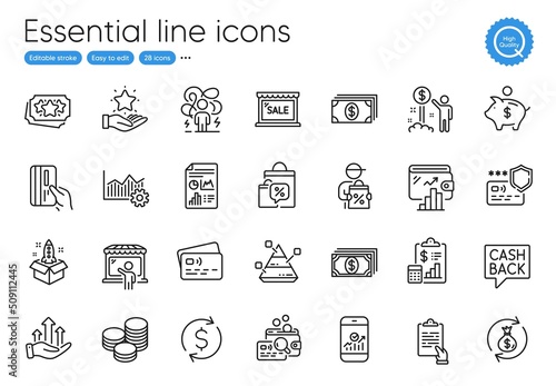 Report document, Report and Sale bags line icons. Collection of Tips, Money transfer, Payment icons. Payment card, Income money, Growth chart web elements. Banking, Piggy bank. Vector