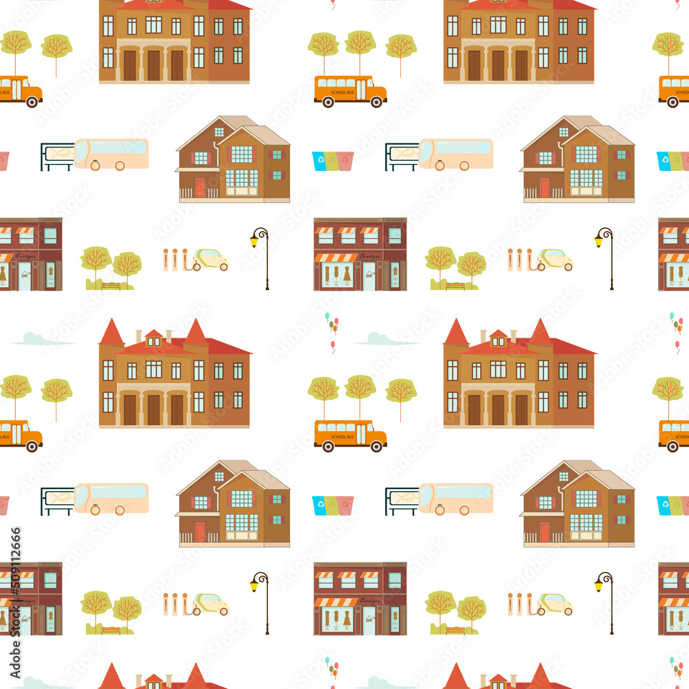 Seamless pattern with cute town print Flat Vector