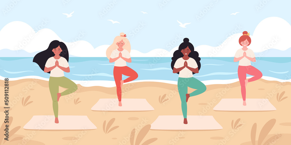 Women doing yoga on the beach. Hello summer, summer leisure, vacation. Healthy lifestyle, self care, yoga, meditation. Hand drawn vector illustration