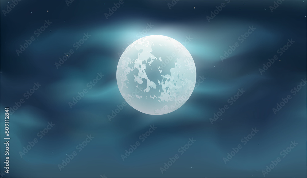 Blue dark night sky with full moon and lot of shiny stars background.