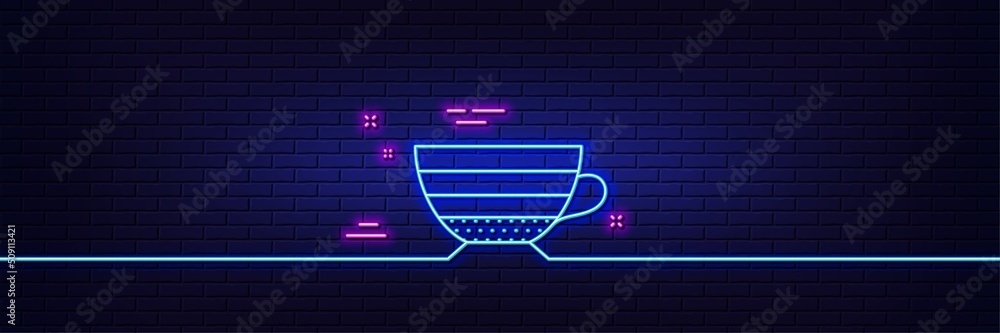 Neon light glow effect. Cappuccino coffee icon. Hot drink sign. Beverage symbol. 3d line neon glow icon. Brick wall banner. Cappuccino outline. Vector