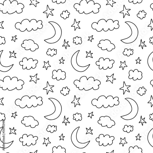 Doodle sleep night items seamless pattern. Hand drawn sleeping elements pattern