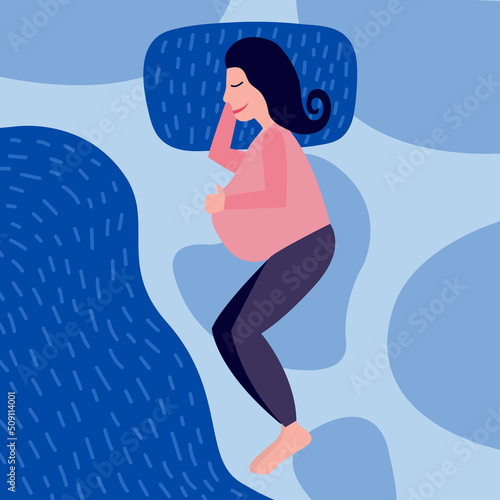 Happy pregnant woman sleeping on bed top view. Pregrant woman holds her belly sleeping