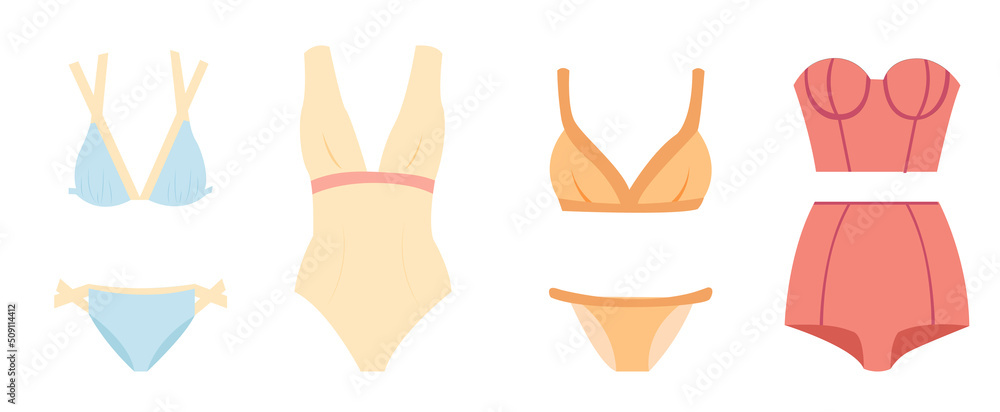 Set of swimsuits. Set of hand drawn illustrations. Hand drawn flat cartoon elements. Vector illustration. Set of swimsuits. Set of hand drawn illustrations. Hand drawn flat cartoon elements. Vector illustration.