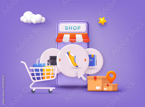 Online shopping on application and website concept, digital marketing online, shopping cart with new items on smartphone screen. 3D Web Vector Illustrations.