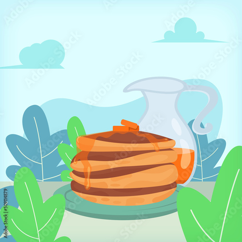 A Plate of Pancakes and A Jar of Maple Syrup Flat Illustration Design Concept
