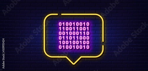 Neon light speech bubble. Binary code line icon. Computer machine code sign. Computing data symbol. Neon light background. Binary code glow line. Brick wall banner. Vector