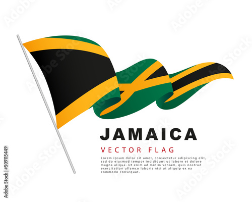 The flag of Jamaica hangs on a flagpole and flutters in the wind. Vector illustration isolated on white background.