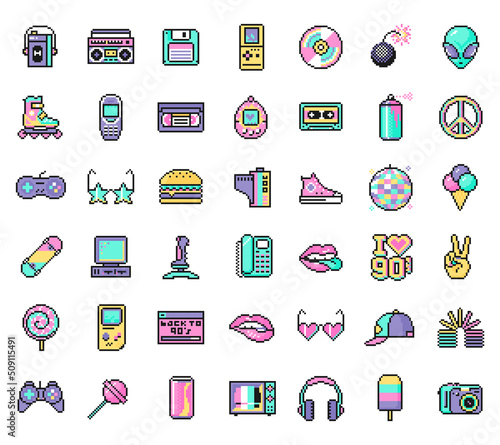 Set of 90s and Y2k icons in pixel art design isolated on white background