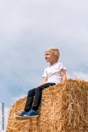 Blond boy in jeans and white T-shirt sits in the hay and looks into the distance. Portrait of child on haystack.