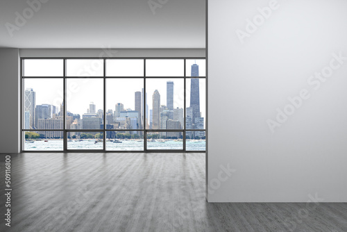 Downtown Chicago City Skyline Buildings Window background. Mock up copy space wall. Empty office room Interior Skyscrapers, View Lake Michigan waterfront. Cityscape. Day time. 3d rendering.