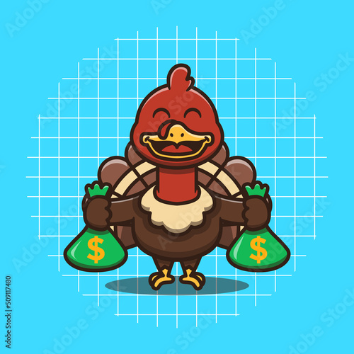Cute turkey character holding money vector illustration