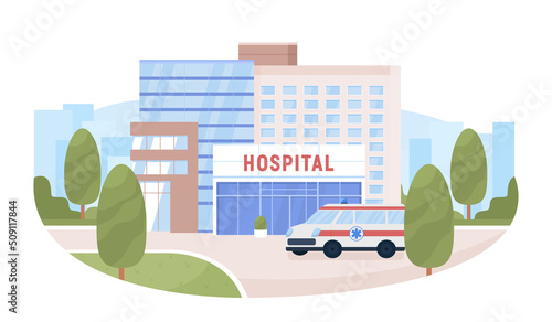 Hospital building and ambulance 2D vector isolated illustration. Medical service. Flat cityscape on cartoon background. Colourful editable scene for mobile, website, presentation. Akrobat font used