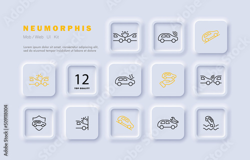 Accident set icon. Car crash, failure, emergency, breakdown, wreck, precipice, descent, fallen tree, smoke, fire, collision. Traffic rules concept. Neomorphism style. Vector line icon for Advertising