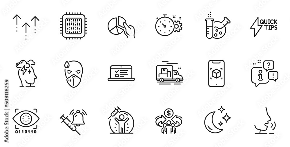 Outline set of Quickstart guide, Sick man and Cogwheel timer line icons for web application. Talk, information, delivery truck outline icon. Vector Outline set of Quickstart guide, Sick man and Cogwheel timer line icons for web application. Talk, information, delivery truck outline icon. Vector