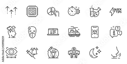 Outline set of Quickstart guide, Sick man and Cogwheel timer line icons for web application. Talk, information, delivery truck outline icon. Vector
