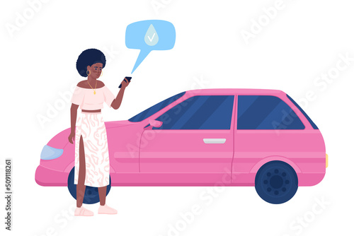 Woman refueling car semi flat color vector character. Petroleum station service. Editable figure. Full body person on white. Simple cartoon style illustration for web graphic design and animation