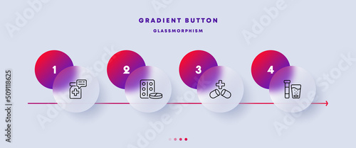 Medicine set icon. Location, hospital, ambulance, pharmacy, first aid kit, fracture, test tube, injection. Health care concept. Glassmorphism style. Vector line icon for Business and Advertising