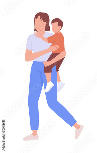 Woman carrying little boy semi flat color vector characters. Editable figure. Full body people on white. Motherhood simple cartoon style illustration for web graphic design and animation