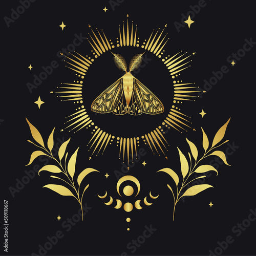 Gold vector illustration of moon moth. For print for T-shirts and bags, decor element. Mystical and magical, astrology illustration