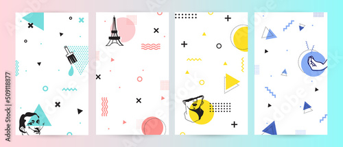 abstract illustration of art, culture and architecture in Europe - Spain, Italy, France, Greece. vector background template set in Memphis geometric shape style. concept of travel, tourism, excursion