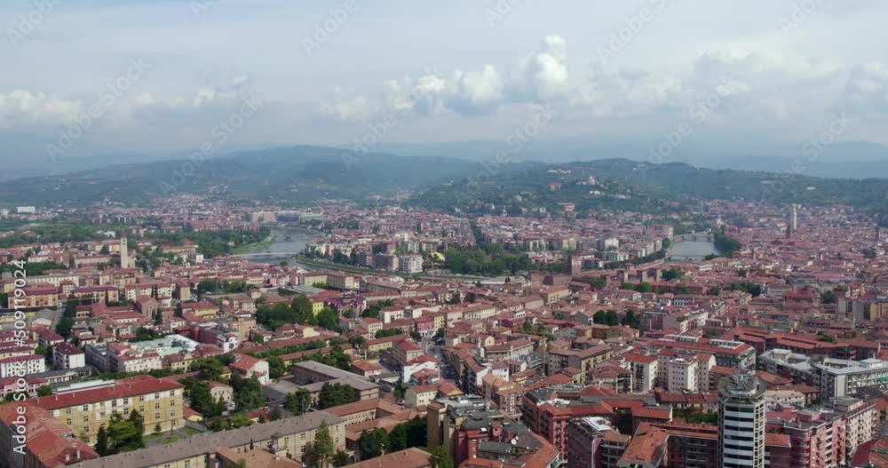 Aerial Shot Of Beautiful City –Verona, Italy. Cityscape With The Horizon. Aerial Shot Of Beautiful City –Verona, Italy. Cityscape With The Horizon.