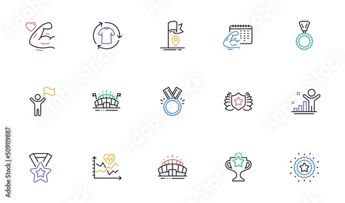 Winner, Winner ribbon and Medal line icons for website, printing. Collection of Laureate, Change clothes, Cardio training icons. Leadership, Sports arena, Flag web elements. Honor. Vector