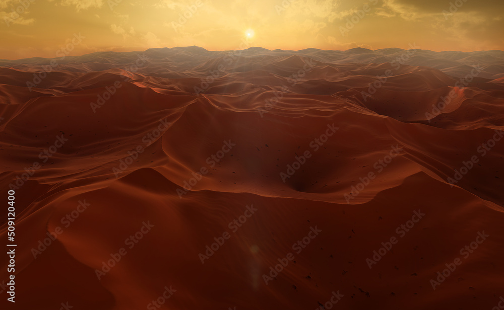 Panorama of sand dunes Sahara Desert at sunset. Endless dunes of yellow sand Panorama of sand dunes Sahara Desert at sunset. Endless dunes of yellow sand