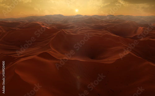 Foto Panorama of sand dunes Sahara Desert at sunset